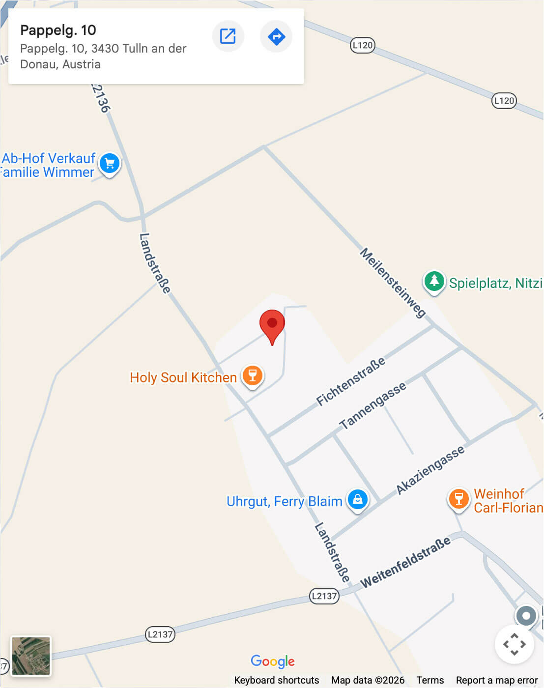 Google Maps erster Standort Pappelgasse 10 3430 Tulln/Nitzing